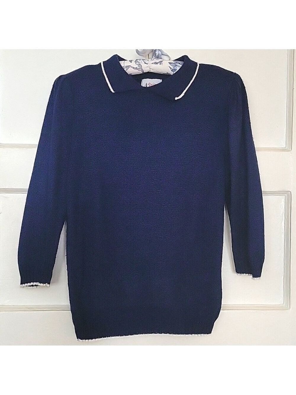 VINTAGE 40s Style Bright Lights Navy Johnny Collar 3/4 Sleeve Sweater